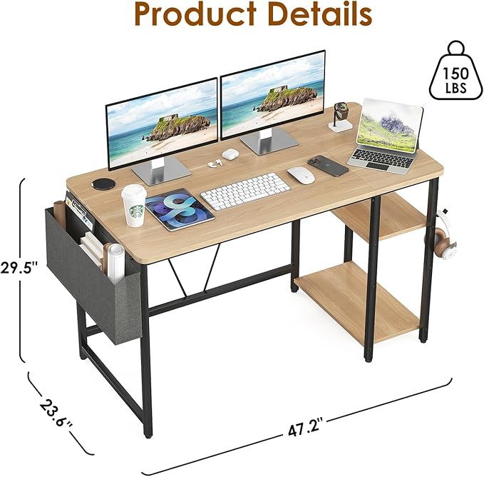 Computer Desk, 47.2” Home Office Desks, Modern Small Desk for Bedroom, Gaming Desk with Iron Hook and Height Adjustable Feet, Sturdy Student Writing Desk with Storage Bag, Storage Shelves - LeafyLoom