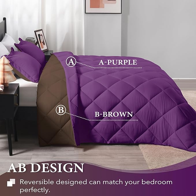 downluxe King Size Comforter Set - Purple and Brown King Comforter, Soft Bedding Comforter Sets for All Seasons, King Comforter Set - 3 Pieces - 1 Comforter (104"x92") and 2 Pillow Shams(20"x36") - LeafyLoom