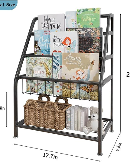 Kids Bookshelf Freestanding for Children Room 18 Inches Black Metal Bookcase Large Capacity Books Toys Organizer Stable 5 Tiers Kids Book Rack for Playroom Bookstore Library. - LeafyLoom