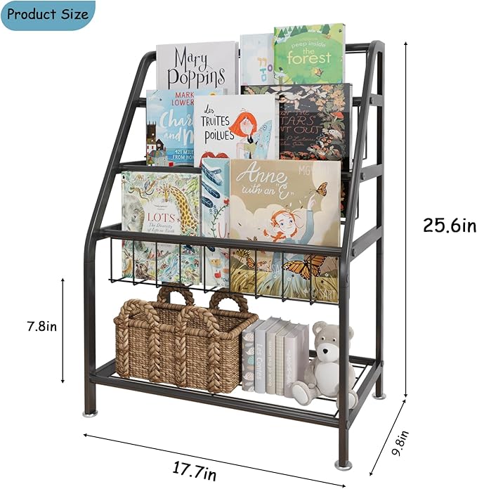 Kids Bookshelf Freestanding for Children Room 18 Inches Black Metal Bookcase Large Capacity Books Toys Organizer Stable 5 Tiers Kids Book Rack for Playroom Bookstore Library. - LeafyLoom