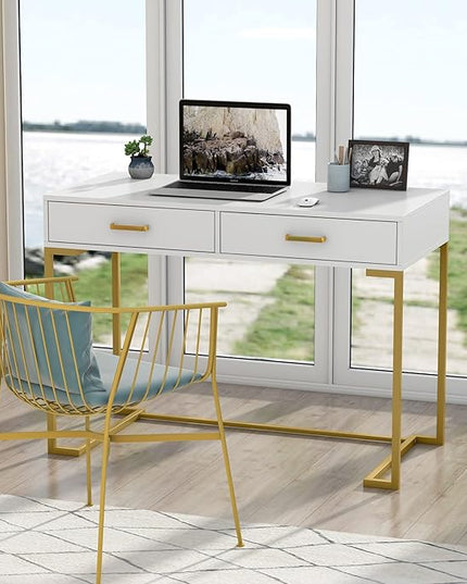 Tribesigns 40 Inch Computer Desk, White and Gold Desk with 2 Drawers, Modern Simple Home Office Desk, Gold Writing Desk Study Table for Bedroom, Modern Makeup Vanity Desk for Small Spaces - LeafyLoom