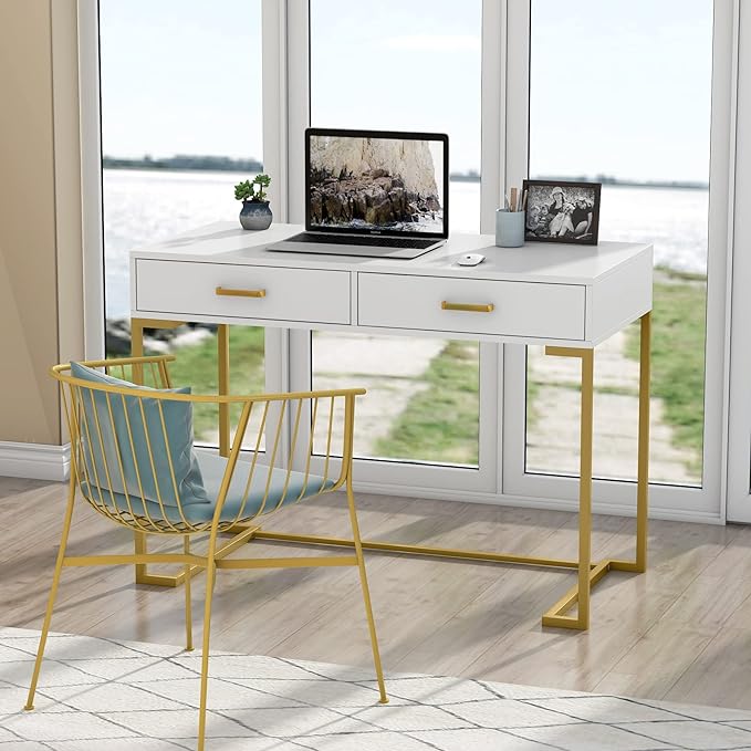 Tribesigns 40 Inch Computer Desk, White and Gold Desk with 2 Drawers, Modern Simple Home Office Desk, Gold Writing Desk Study Table for Bedroom, Modern Makeup Vanity Desk for Small Spaces - LeafyLoom