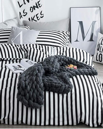 White and Black Stripes Comforter Set Cal King Women Bedding Set Soft Durable White Striated Bedding Set Black Stripes Cal King Quilts Hotel Quality Comforter Girls White Black Stripes Bed Set - LeafyLoom