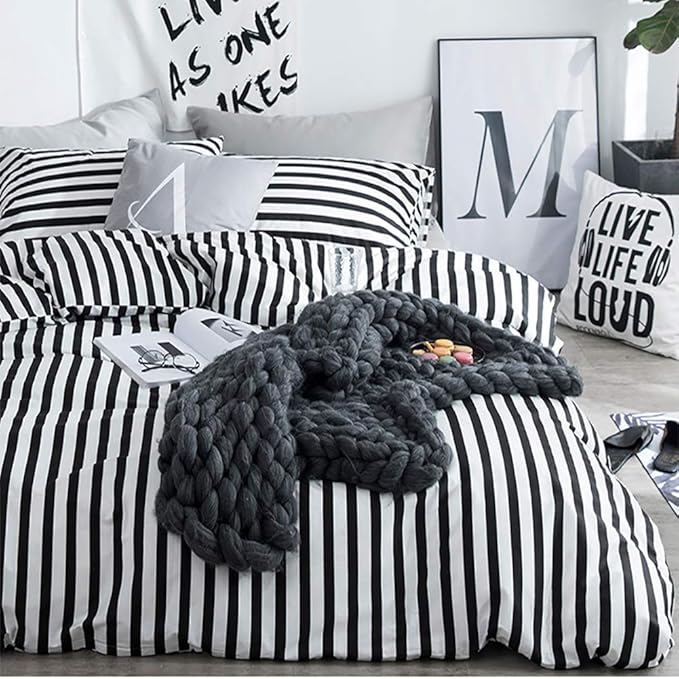 White and Black Stripes Comforter Set Cal King Women Bedding Set Soft Durable White Striated Bedding Set Black Stripes Cal King Quilts Hotel Quality Comforter Girls White Black Stripes Bed Set - LeafyLoom