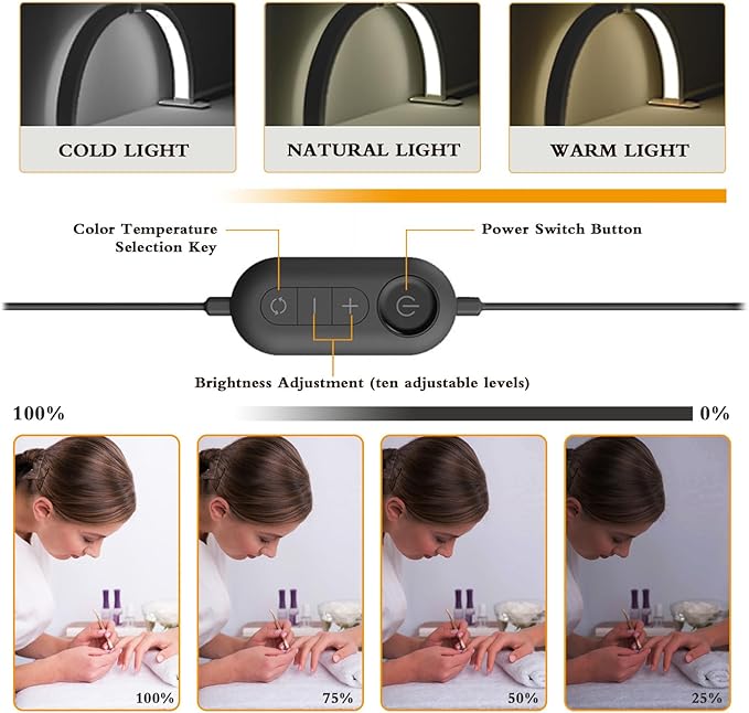 Half Moon Light for Nail Desk Foldable 3000-6500k Lash Light Nail Tech Lamp for Desk with Phone Holder for lash Extension Led Light for Nails tech Stepless Dimming (Black, 23in) - LeafyLoom