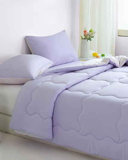 COTTEBED Reversible Ultra-Soft Light Pink and Purple Comforter Set Queen Full Size, Jersey Knit T-Shirt Feel Cute Fluffy Lightweight Bedding Down Blanket Quilt Pillowcase for Man Women Girl All Season - LeafyLoom