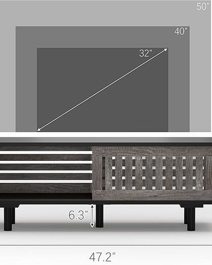 Mid-Century Modern TV Stand, Glossy Black TV Console with Sliding Doors,TV Console with Large Storage, Entertainment Center with Sturdy Solid Wood Legs, Living Room&Bedroom, Gray&Black - LeafyLoom
