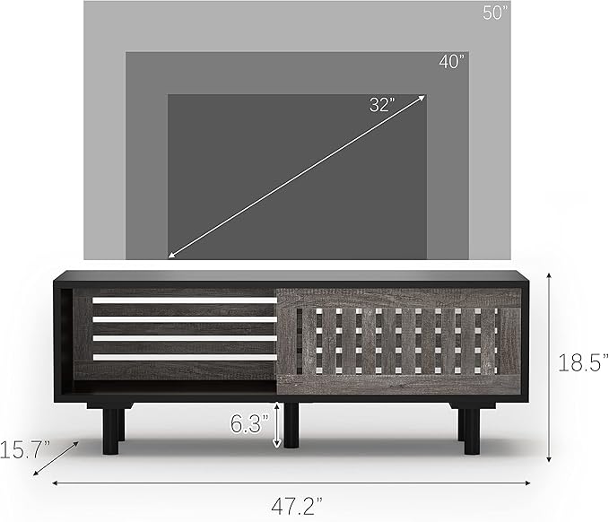Mid-Century Modern TV Stand, Glossy Black TV Console with Sliding Doors,TV Console with Large Storage, Entertainment Center with Sturdy Solid Wood Legs, Living Room&Bedroom, Gray&Black - LeafyLoom