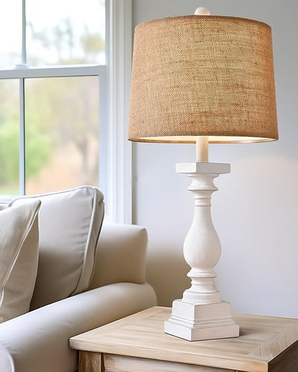 BOBOMOMO 27" USB A+C Farmhouse Table Lamp Set of 2 Vintage Rustic Traditional Nightstand Bedside Lamps Retro Side Table Lamps (Washed White) - LeafyLoom
