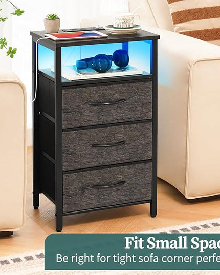 Yoobure Night Stand with Charging Station, 20 Colors LED Nightstand with USB Ports and Outlets, End Table with 3 Fabric Drawers and Storage Shelf, Bedside Tables Small Dresser for Small Space, Gray - LeafyLoom