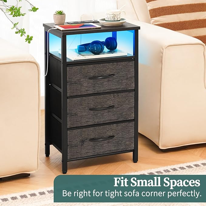 Yoobure Night Stand with Charging Station, 20 Colors LED Nightstand with USB Ports and Outlets, End Table with 3 Fabric Drawers and Storage Shelf, Bedside Tables Small Dresser for Small Space, Gray - LeafyLoom