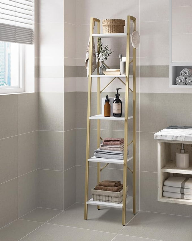 Ladder Shelf, Bookshelf Bookcase, Freestanding Corner Storage Shelve with 2 Hooks for Home Office, Living Room, Kitchen, Bedroom, Industrial, 5-Tier White Gold BC03213G - LeafyLoom