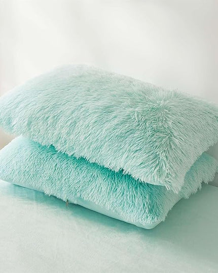 Fluffy mint green comforters Cover twin size - Ultra Soft Plush bedding Sets 2 Pieces (1 faux fur comforter Cover + 1 fuzzy pillow case) girls shaggy green twin bed set (Mint Green, Twin) - LeafyLoom