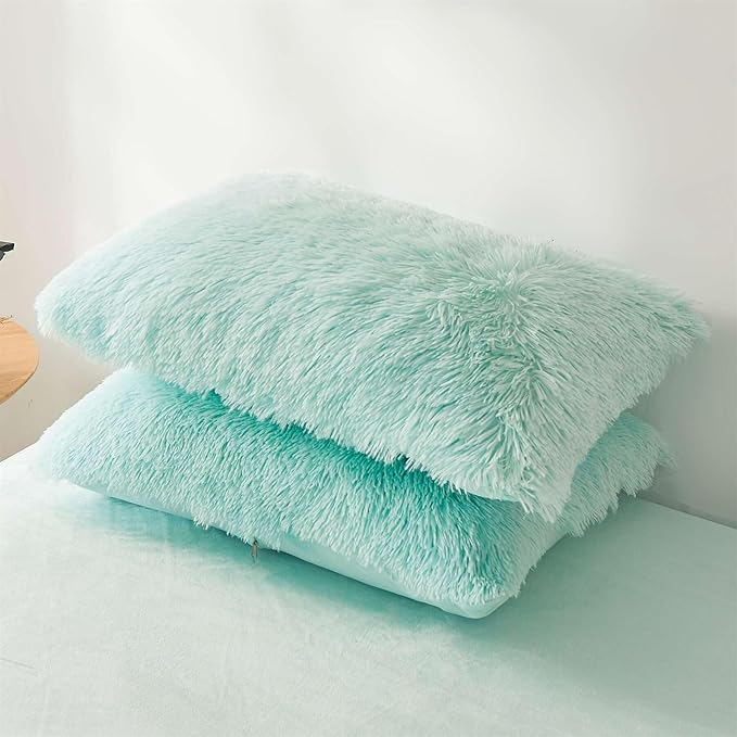 Fluffy mint green comforters Cover twin size - Ultra Soft Plush bedding Sets 2 Pieces (1 faux fur comforter Cover + 1 fuzzy pillow case) girls shaggy green twin bed set (Mint Green, Twin) - LeafyLoom