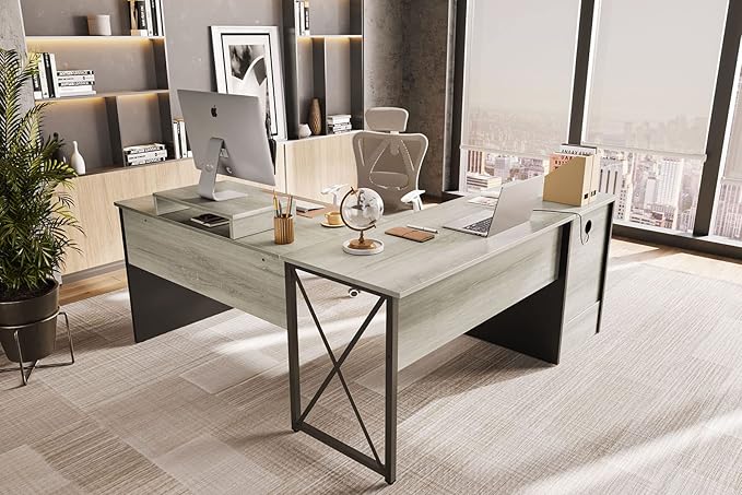 Bestier Lift Top L Shaped Desk with File Drawer, 55'' x 55'' Office Desk with Reversible Storage Drawers, L Shaped Standing Desk with Computer Monitor Stand (Retro Grey Oak Light) - LeafyLoom