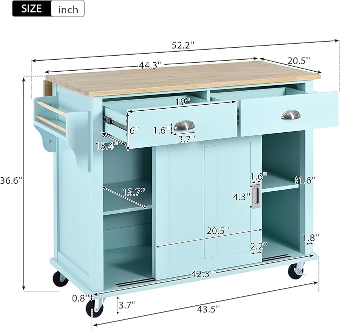 Kitchen Island with Storage, Rolling Table on Wheels w/Storage Cabinet and 2 Drawers for Dinning Room, Rubber Wood Contertop - LeafyLoom