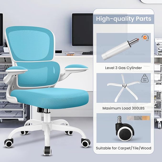 Office Chair, Ergonomic Desk Chair with Lumbar Support and Adjustable Armrests, Comfy Desk Chair Breathable Mesh Mid Back Computer Chair, Reclining Office Chair for Home Office - Blue - LeafyLoom