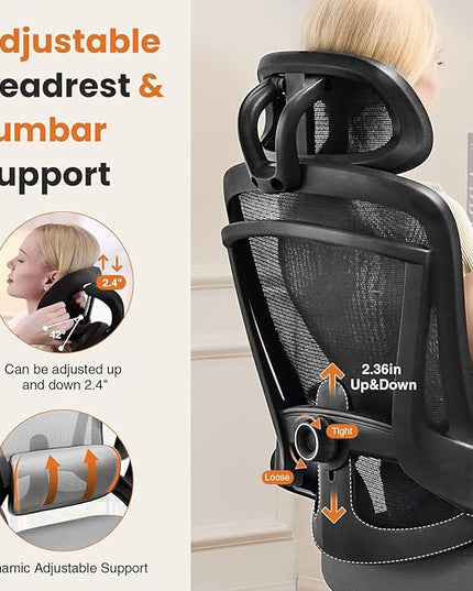 Ergonomic Office Chair, High Back Desk Chair with Adjustable Lumbar Support & Headrest,Comfortable Mesh Computer Chair with Soft Flip Up Arms, Adjustable Height and 120°Tilt,Grey - LeafyLoom