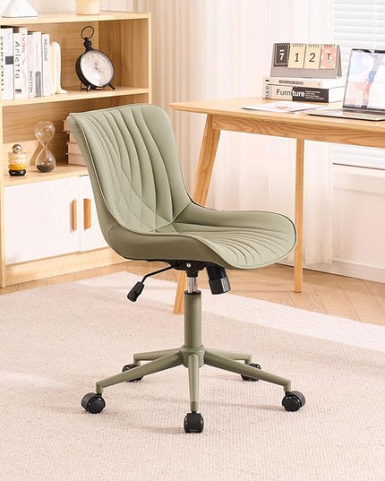 YOUTASTE Deep Green Office Chair Modern Armless Desk Chair with Wheels Adjustable Swivel Rocking Rolling Computer Study Chairs Faux Leather Sewing Chairs with Back Stylish Vanity Chair - LeafyLoom