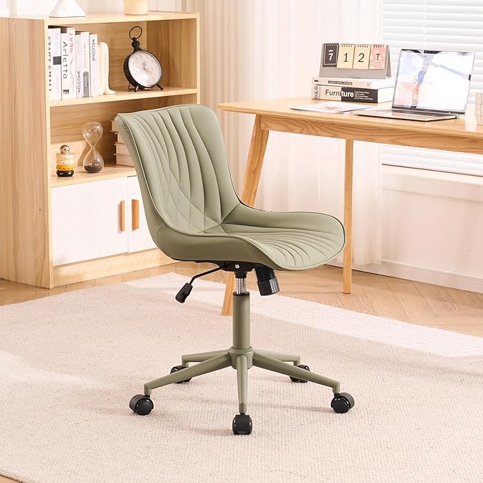 YOUTASTE Deep Green Office Chair Modern Armless Desk Chair with Wheels Adjustable Swivel Rocking Rolling Computer Study Chairs Faux Leather Sewing Chairs with Back Stylish Vanity Chair - LeafyLoom