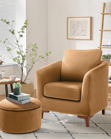 COLAMY Velvet Accent Chair with Storage Ottoman Set, Upholstered Barrel Arm Chair with Footrest, Modern Living Room Chair with Back Pillow, Cream - LeafyLoom