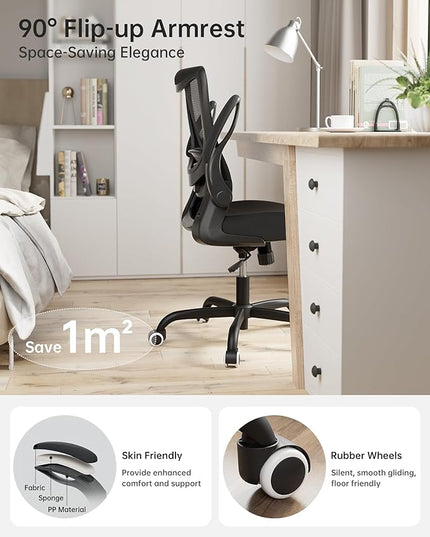 Office Chair, Ergonomic Desk Chair with Adjustable Lumbar Support and Flip up Armrest, Breathable Mesh Computer Chair for Home Office, Black - LeafyLoom