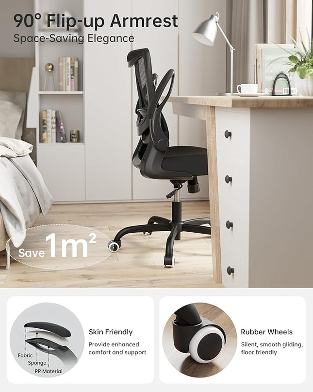 Office Chair, Ergonomic Desk Chair with Adjustable Lumbar Support and Flip up Armrest, Breathable Mesh Computer Chair for Home Office, Black - LeafyLoom