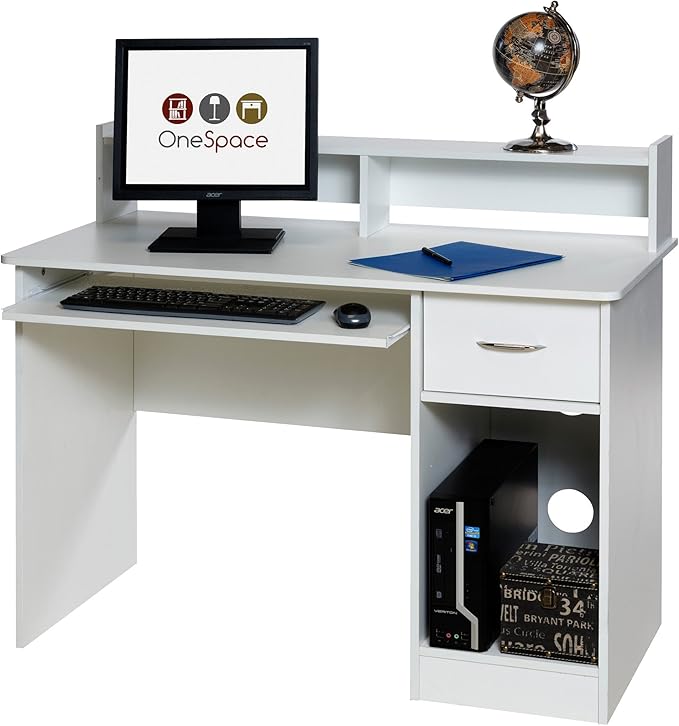 OneSpace Essential Computer Desk, Hutch with Pull-Out Keyboard, White - LeafyLoom