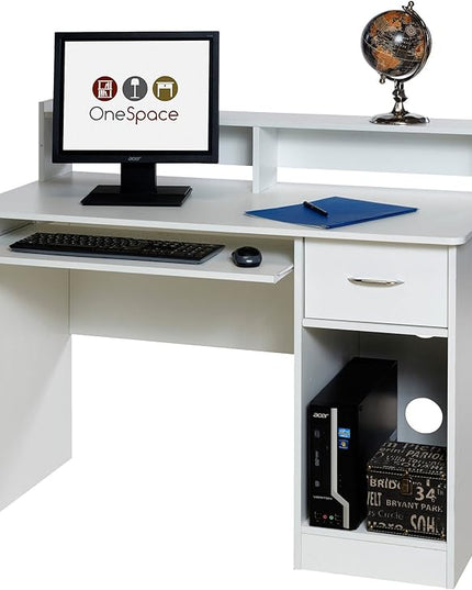 OneSpace Essential Computer Desk, Hutch with Pull-Out Keyboard, White - LeafyLoom