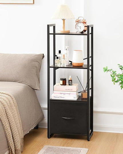 Yoobure Bookshelf, 4 Tier Book Shelf with Drawer, Small Bookcase Narrow Book Case, Industrial Bookshelves Shelf for Bedroom Living Room Office, Book Storage Organizer for CD/Movie Black - LeafyLoom