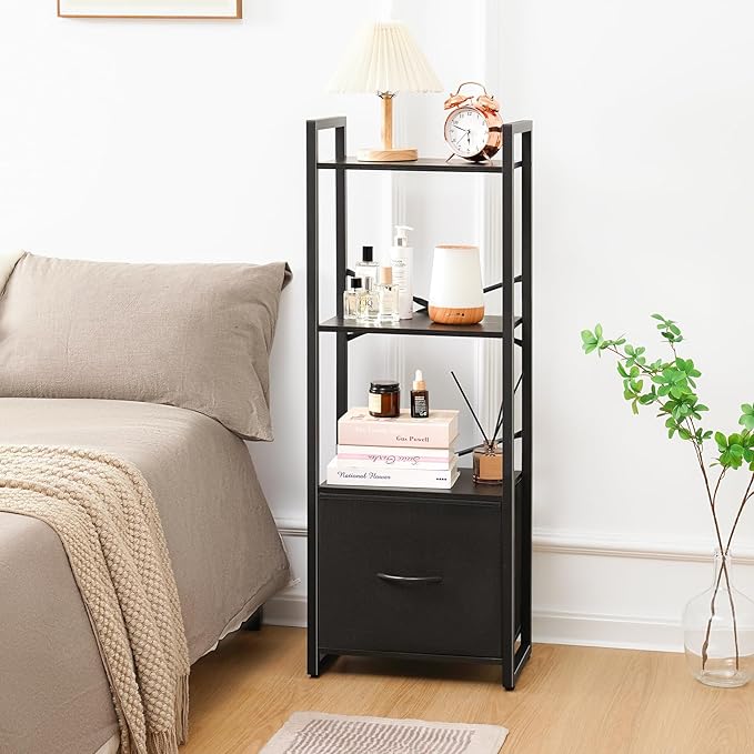 Yoobure Bookshelf, 4 Tier Book Shelf with Drawer, Small Bookcase Narrow Book Case, Industrial Bookshelves Shelf for Bedroom Living Room Office, Book Storage Organizer for CD/Movie Black - LeafyLoom