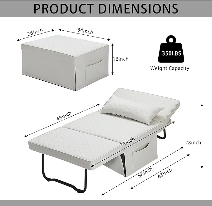 Sofa Bed, 4 in 1 Multi-Function Folding Ottoman Breathable Linen Couch Bed with Adjustable Backrest Modern Convertible Chair for Living Room Apartment Office,Squared-Linen White - LeafyLoom
