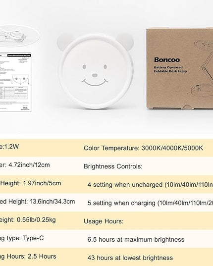 Boncoo Rechargeable Lamp, Cute Bear Battery Operated Desk Lamp Portable & Foldable, LED Cordless Lamp Dimmable with 3 Color Modes, Eye Caring Table Light Small Desk Lamps for Home Office Dorm - LeafyLoom