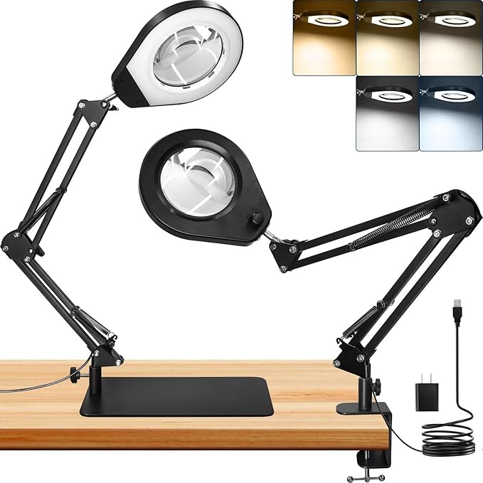 Magnifying Glass with Light and Stand & Desk Clamp, 4.2'' 5X Magnifier Lamp, 5-Color Dimmable LED, Swing Arm Magnifying Desk Lamp for Close Work, Crafting, Workbench & Reading - Rectangle Base - LeafyLoom