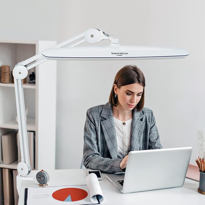 Task Lamp with Clamp, Bright 117PCS LEDs, Metal Swing Arm 24W 2200 Lumen Dimmable Led Desk Lamp for Architect Home Office Study Reading Dorm Workbench Craft, 23 Inch Lamp Head Work Lamp(White) - LeafyLoom