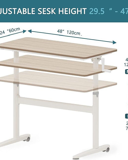 Manual Standing Desk Adjustable Height- Crank Mobile Standing Desk 48 x 24 Inches Sit Stand Desk Frame & Top, Stand Up Desk on Wheels, Computer Desk White Frame & Maple - LeafyLoom