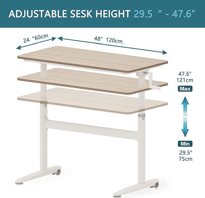 Manual Standing Desk Adjustable Height- Crank Mobile Standing Desk 48 x 24 Inches Sit Stand Desk Frame & Top, Stand Up Desk on Wheels, Computer Desk White Frame & Maple - LeafyLoom