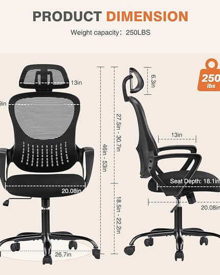 Sweetcrispy Office Computer Desk Chair, Ergonomic High-Back Mesh Rolling Work Chairs with Wheels and Adjustable Headrests, Comfortable Lumbar Support, Comfy Armrest for Home, Bedroom, Study,Black - LeafyLoom