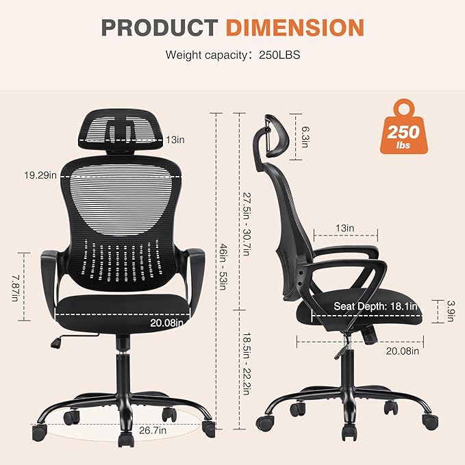 Sweetcrispy Office Computer Desk Chair, Ergonomic High-Back Mesh Rolling Work Chairs with Wheels and Adjustable Headrests, Comfortable Lumbar Support, Comfy Armrest for Home, Bedroom, Study,Black - LeafyLoom