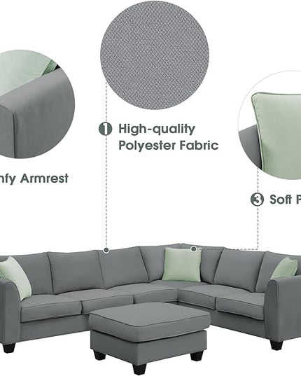 112" 7 Seats Sectional Solid Wood Sofa Sets with Ottoman,L Shape Upholstered Fabric Couch w/ 3 Pillows,for Living, Apartment,Huse or Conference Room,Grey - LeafyLoom