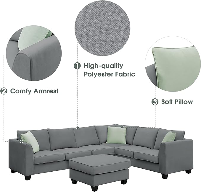 112" 7 Seats Sectional Solid Wood Sofa Sets with Ottoman,L Shape Upholstered Fabric Couch w/ 3 Pillows,for Living, Apartment,Huse or Conference Room,Grey - LeafyLoom