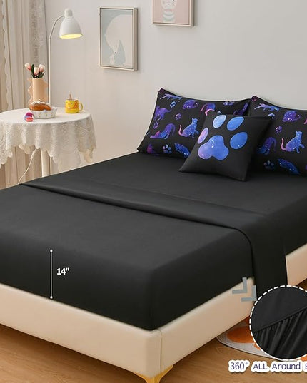 DORCAS Full Size Comforter Sets with Sheets for Girls Kids Cute Cat Full Size Bedding Sets 6 Pieces Bed-in-A-Bag for Girls Teens Kids - LeafyLoom