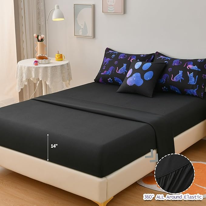 DORCAS Full Size Comforter Sets with Sheets for Girls Kids Cute Cat Full Size Bedding Sets 6 Pieces Bed-in-A-Bag for Girls Teens Kids - LeafyLoom