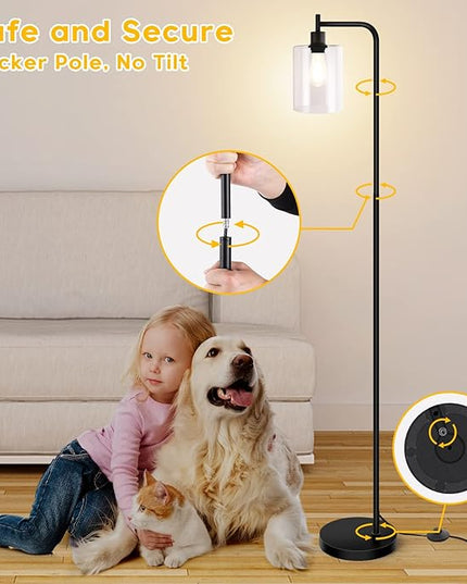 Litake Industrial Floor Lamp, Dimmable Modern Standing Lamp with Clear Glass Shade, Black Tall Lamp with Remote & Foot Control, LED Bright Corner Lamp with 6W Bulb for Living Room Bedroom Office - LeafyLoom