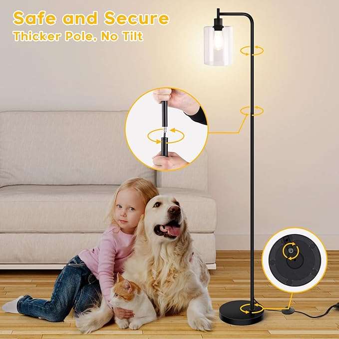 Litake Industrial Floor Lamp, Dimmable Modern Standing Lamp with Clear Glass Shade, Black Tall Lamp with Remote & Foot Control, LED Bright Corner Lamp with 6W Bulb for Living Room Bedroom Office - LeafyLoom
