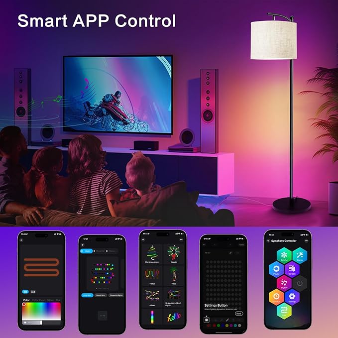 Led Floor Lamps for Living Room: Tall Standing Lamp for Bedroom - Dimmable Smart APP Control - RGB Corner Light with Modern Lampshade - LeafyLoom