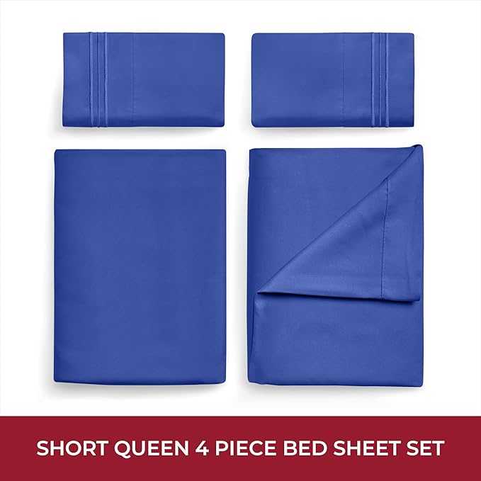 Mellanni RV Short Queen Sheets - 4 PC Iconic Collection Bedding Sheets & Pillowcases - Hotel Luxury, Extra Soft, Cooling Bed Sheets - Deep Pocket up to 10 inch (RV/Short Queen, Royal Blue) - LeafyLoom