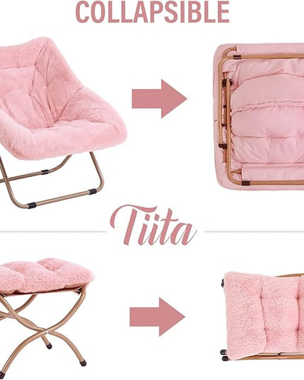 Tiita Saucer Chair with Ottoman, Soft Faux Fur Oversized Folding Accent Chair,Lounge Lazy Chair, Metal Frame Moon Chair for Bedroom, Living Room, Dorm Rooms, Garden and Courtyard - LeafyLoom