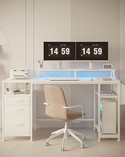 Lufeiya White Computer Desk with File Drawers Cabinet, 55 Inch Home Office Desk with Monitor Stand Shelves, Writing Study Gaming Desks with Led Light Power Outlets for Bedroom, White - LeafyLoom