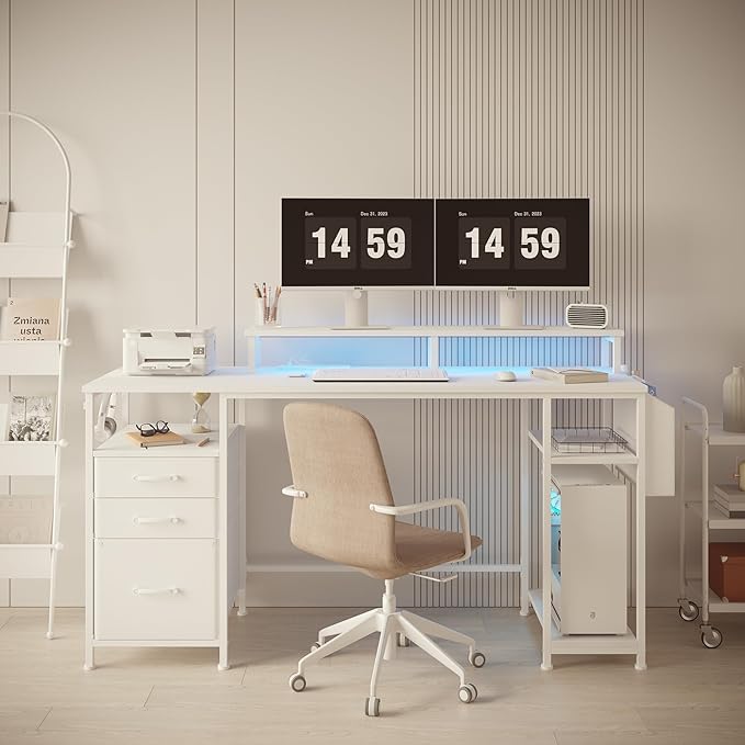 Lufeiya White Computer Desk with File Drawers Cabinet, 55 Inch Home Office Desk with Monitor Stand Shelves, Writing Study Gaming Desks with Led Light Power Outlets for Bedroom, White - LeafyLoom